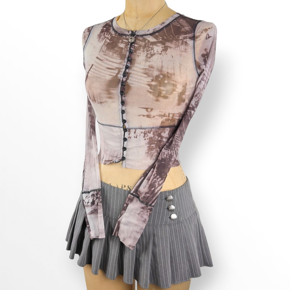 Y2K Mesh Sheer Top Button Up Cropped Slim Fit Grunge Cyber Goth Size XS - Picture 3 of 8